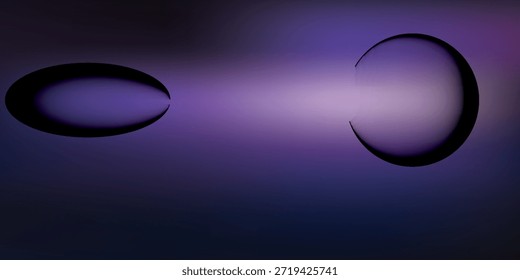 Dois orbes abstratos, um alongado e escuro, o outro esférico e luminoso, parecem estar interagindo em um ambiente de espaço profundo.