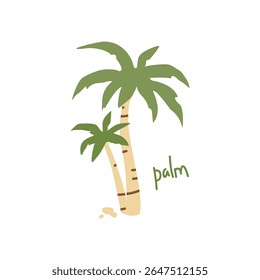 Two abstract palm trees with handwritten text. Modern isolated illustration on white background. Simple flat image for print, logo, poster. Palm icon.