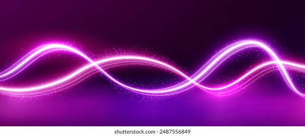 Two abstract pink neon wave lines with bright light glow effect and magic shimmer dust on dark background. Abstract realistic vector bg with curve energy streak swoosh. Wavy luminous laser fiber.