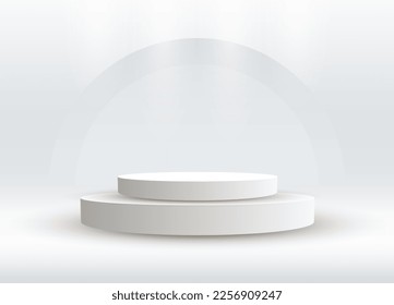 Two Abstract podium silver cylinder pedestal stage. A white empty stage concept with semi circle glowing neon lighting