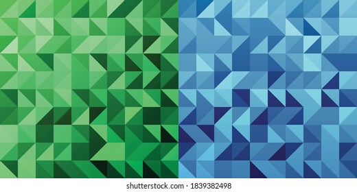 Two abstract polygonal background with triangles blue and green colors.