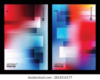 Two abstract poster templates with blurred colorful gradients layered rectangular shapes and textual elements on a black background