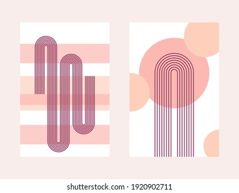 Two abstract posters with boho arches, stripes and circles, in warm autumn colors. Interior wall posters. Boho arch in a minimalistic style. Small simple collection - a couple of minimalistic banners.