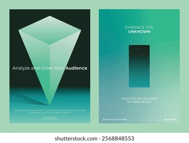 Two abstract posters with geometric shapes. One features a green pyramid, the other a starry sky. Both emphasize innovation and audience growth. Green gradient innovative business templates.