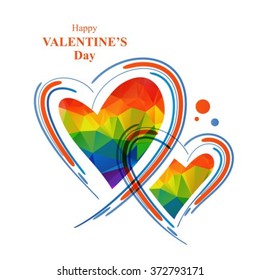 Two abstract rainbow hearts with lettering on a white background.