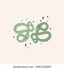 Two abstract rattle snakes illustration in minimal style. Mystical concept with serpents and stars for sticker print design, logo, icon, T-shirt, hoodie fashion design. Vector art