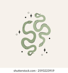 Two abstract rattle snakes illustration in minimal style. Mystical concept with serpents and stars for sticker print design, logo, icon, T-shirt, hoodie fashion design. Vector art