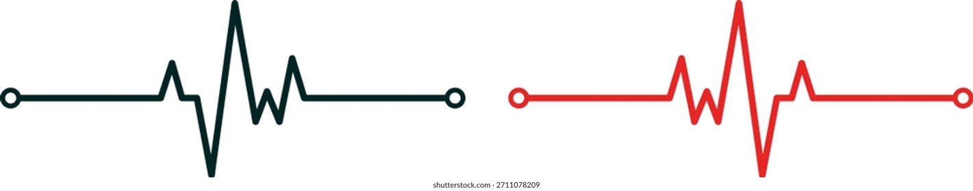 Duas representações abstratas de um batimento cardíaco ou forma de onda EKG. Um é preto, o outro é vermelho, ambos em uma linha horizontal.