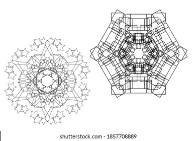 Two abstract sacred geometry mandalas. Geometric symmetric pattern isolated on white. coloring book. Vector illustration. Vector boho mandala with geometry patterns. Yoga template.