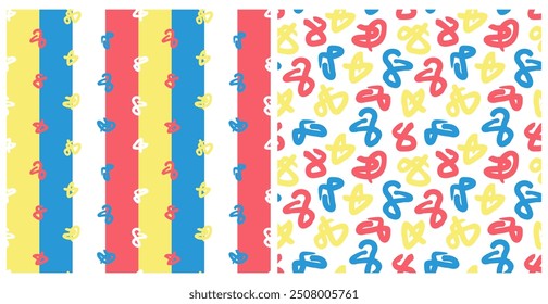 Two abstract seamless patterns with childish scribbles in bright colors for web, print, fabric, wallpaper, background, cover.