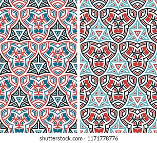Two abstract seamless patterns with modern ornament of red, blue, and white shades