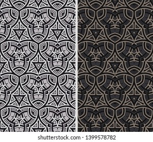 Two abstract seamless patterns with modern ornament of black, gray, and white shades