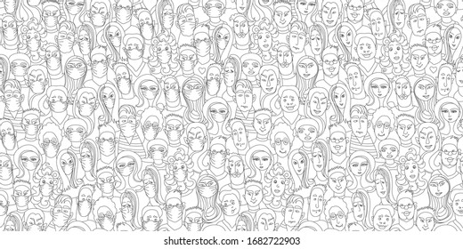 Two abstract seamless patterns with people in medical protective masks and without masks on a white background. Coronavirus, flu epidemic, infectious diseases concept, web page fill, coloring book 