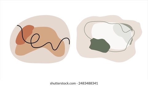 Two abstract shapes in soft, muted tones. The left shape features a combination of beige and terracotta colors with a black squiggly line. The right shape consists of white, gray, and green with an ir