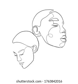 Dos caras simples abstractas.  Mujer o niña dibujada en una línea continua. Diseño vectorial de una línea. Retratos femeninos aislados en fondo blanco.