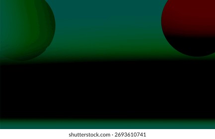 Two abstract spheres, one green and one red, float against a dark green gradient background with a black foreground.