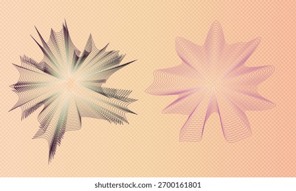 Dois padrões abstratos starburst criados com intrincada arte de linha, um com um roxo escuro e gradiente verde e o outro em tons de rosa, em um texturizado...