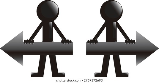 Two abstract stick figures hold large arrows pointing left and right, symbolizing choice, direction, or opposing decisions and future paths. Isolated on white background.