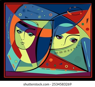 Two abstract, stylized faces in a geometric composition, featuring bold colors like orange, blue, green, and purple. The design includes various shapes and patterns, adding a dynamic and modern feel.