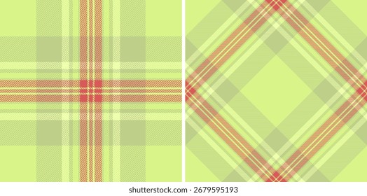 Dos patrones de tartán abstractos en tonos de verde fresco con líneas de coral. Un diseño de tela clásico adecuado para fondos, textiles o proyectos festivos de temporada.