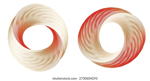 Duas formas de toro tridimensionais abstratas com uma textura em forma de fita. Um é predominantemente bege com acentos vermelhos, o outro é predominantemente vermelho com acentos bege.