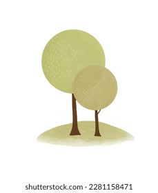 Two Abstract Trees with Round Upper Branches. Simple Infantile Style Vector Illustration with Green Trees and a Grassfield on a White Background. Woodland Print with Little Forest. Trees in the Park.