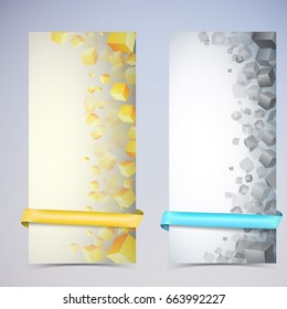 Two abstract vertical cube banner set with multicolored ribbons and many different sizes of cubes vector illustration