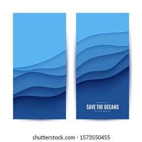 Two abstract vertical flyer collection in cut paper style. Set of cutout blue sea wave template for for save the Earth posters, World Water Day, eco brochures. Vector water applique card illustration.