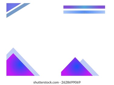 Dos diseños abstractos de membrete de Vertical con triángulos y rayas púrpuras y azules degradadas en blanco. Plantilla moderna del diseño del membrete