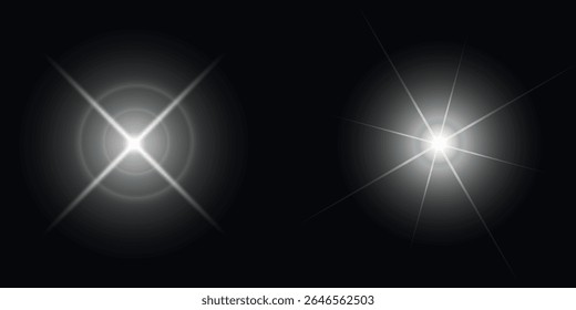  two abstract visual effects of light on a dark background: on the left - a cross-shaped beam with a soft halo, on the right - a star-shaped flash with branched rays.