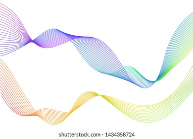 Two abstract waves made up from thin curved lines in bright trendy colours isolated on white