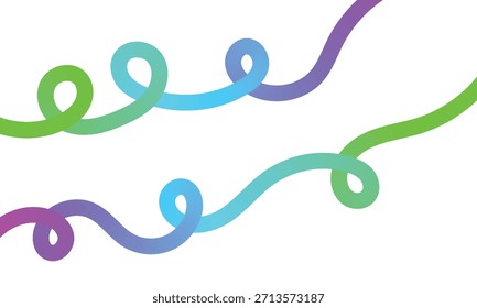 Zwei abstrakte, gewellte Linien mit einem lebendigen Farbverlauf in den Farben Violett, Blau, Grün und Gelb vor einem stark weißen Hintergrund.
