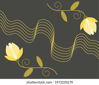 Two abstract yellow flowers and wavy lines on a dark background. Vector illustration