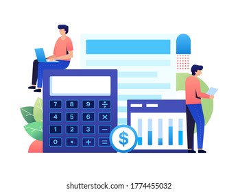 Two accountant work together to analysis the company finance report. They read data, calculate and make a conclusion about the report. Should work in details. Vector illustration with minimalism style