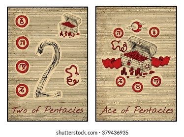 Two and ace of pentacles in red. The minor arcana tarot card, vintage hand drawn engraved illustration with mystic symbols.