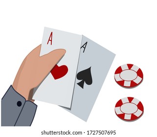 dos ases en mano y jugando a las fichas en el fondo