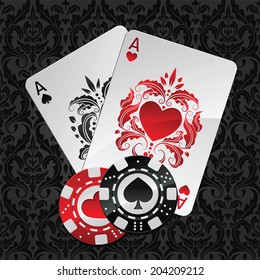 two aces playing cards and casino poker chips on black  seamless damask pattern(hearts and spades)