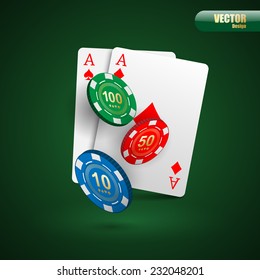 two aces playing cards and casino poker chips.vector
