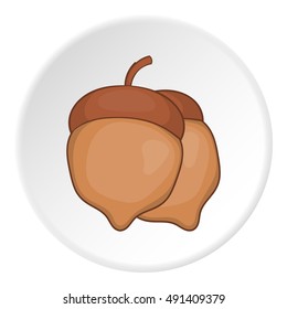 Two acorn icon in cartoon style on white circle background. Plant symbol vector illustration