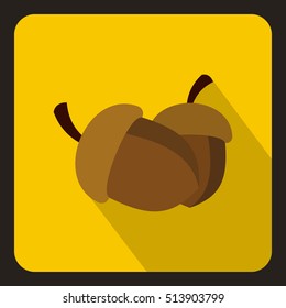 Two acorn icon in flat style with long shadow. Plant symbol vector illustration