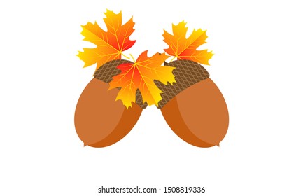 Two acorns with autumn leaves, vector art illustration.