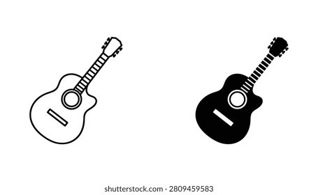 Two acoustic guitar icons, one outline and one solid silhouette, displayed on a clean white background for musical instrument stores, creative design, and web UI.