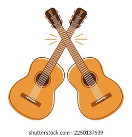 Two acoustic guitars crossed vector emblem for festival or concert or player isolated on white, live music theme, logo for musical recording label, instruments shop.