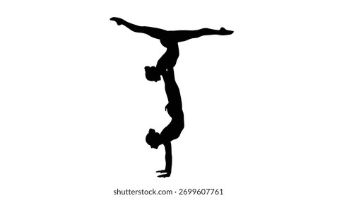 Dois acrobatas criam uma silhueta impressionante enquanto eles executam um stand de mão, mostrando sua incrível força, equilíbrio e trabalho em equipe. A imagem é isolada em um plano de fundo branco.