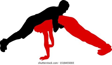 Two acrobats doing a stand silhouette on a white background