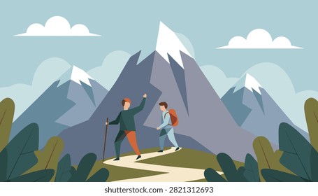 Two active hikers carrying backpacks walking along a winding path through a majestic snowy mountain range.