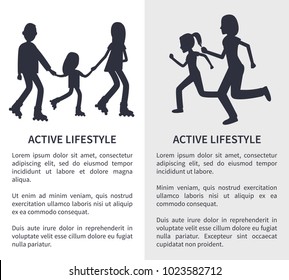 Two active lifestyle bright vector illustrations isolated on grey and white backgrounds, running and skating on rollers parents and their children