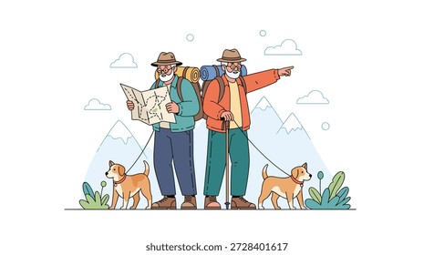 Two active senior men with backpacks and dogs exploring mountains while using a paper map for navigation during hike.