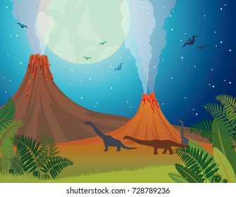 Two active volcanoes, green ferns and silhouette of dinosaurs on a night starry sky with big full moon. Prehistoric illustration. Vector nature landscape.