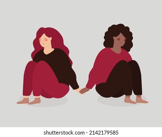 Two activist women sit together and support each other. Feminist girls from different ethnicity hold arms and look happy. Friendship sisterhood and solidarity concept. Vector illustration